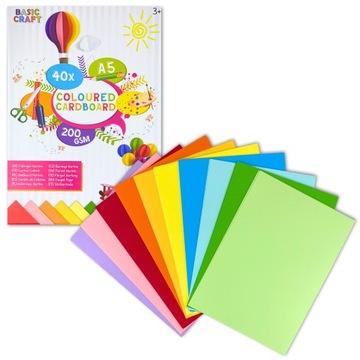 PAPIER KOLOROWY BRYSTOL GRUBY TECHNICZNY A5 40 KARTEK 200g/m2 10 KOLORÓW