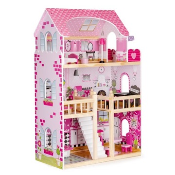 DREWNIANY DOMEK DLA LALEK MEBLE + LED ECOTOYS