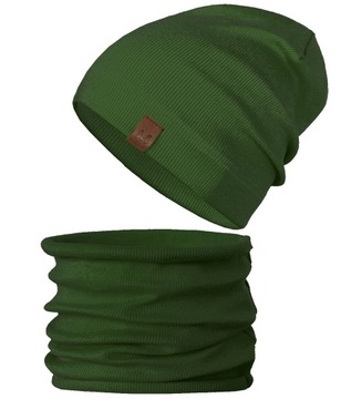 Zielony Khaki Komplet CZAPKA + KOMIN tuba beanie PRĄŻEK jesień wiosna 54-56