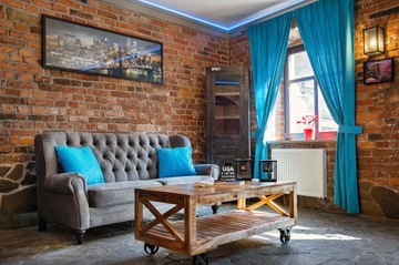 Мягкий пуф из бежевой ткани, коричневой кожи SINGLE