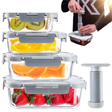 POJEMNIKI NA ŻYWNOŚĆ SZKLANY ZESTAW POJEMNIKÓW PRÓŻNIOWE 4x LUNCHBOX POMPKA