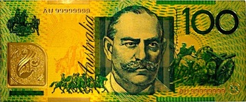Коллекционная позолоченная банкнота АВСТРАЛИЯ 100 долларов ДЖОН МОНАШ