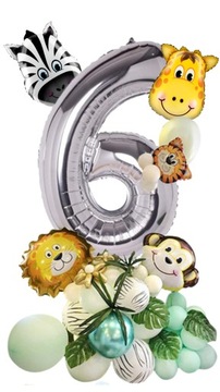 ZESTAW BALONY CYFRA 6 ZOO ZWIERZĘTA SREBRNE ROCZEK