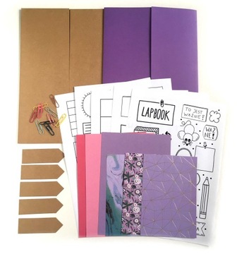Lapbook zestaw do przygotowania A4 2 teczki kraft fiolet grafiki papier
