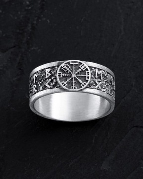Srebrny pierścień VEGVISIR WITH RUNES 19.5