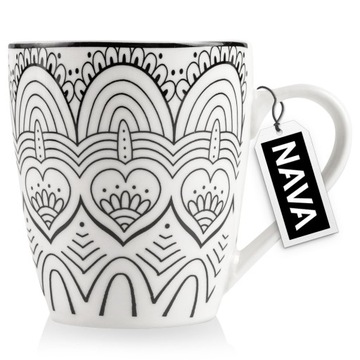 Kubek PORCELANOWY do picia kawy herbaty napojów biały czarny MANDALA 370 ml