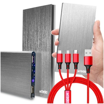 POWERBANK 20000 mAh Z DWOMA PORTAMI USB Z LATARKĄ LED + NYLONOWY KABEL 3W1