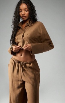 MISSGUIDED DASMKI КОМПЛЕКТ КОРОТКАЯ РУБАШКА И БРЮКИ СО ЛЬНОМ КОРИЧНЕВЫЙ S 1JK