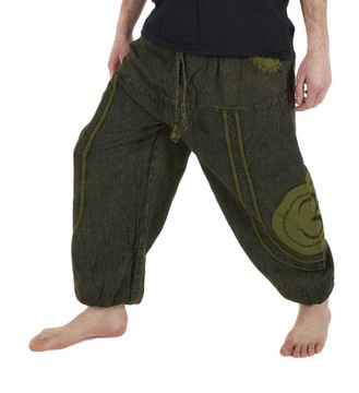 Luźne wygodne spodnie przecierane - zielone z haftem OM | z NEPALu