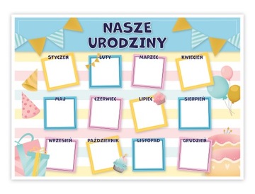 KALENDARZ NASZE URODZINKI 12MIESIĘCY PRZEDSZKOLE URODZINY WESOŁE PARTY A3