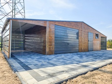 Garaż blaszany z wiatą 9x6m Matowa Czerń + Dąb rustykalny +furtka