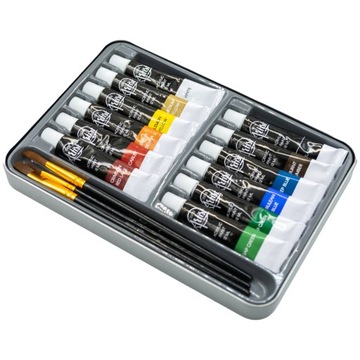 Farby akrylowe Akryle 12x12ml + 3 pędzelki + Metalowe pudełko 16 elementów