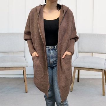 ПАЛЬТО ЖЕНСКОЕ КУРТКА ИЗ АЛЬПАКИ СВИТЕР ТЕПЛЫЙ С ДЛИННЫМ КАПЮШОНОМ НА МОЛНИИ MOKKA 2022