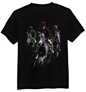 Koszulka Męska Konie w Gonitwie Czarna L Tshirt Prezent Koń Konie