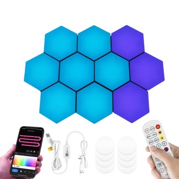 KINKIET SZEŚCIOKĄTNA LED RGB INTELIGENTNY APLIKACJA/GŁOS/PILOT KONTROLA *10
