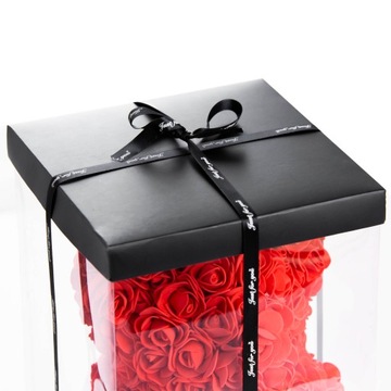 МИШКА С РОЗАМИ 30 СМ РОЗА МИШКА С ЛЕПЕСТКАМИ РОЗ БАНТ ПОДАРОЧНАЯ КОРОБКА КРАСНЫЙ