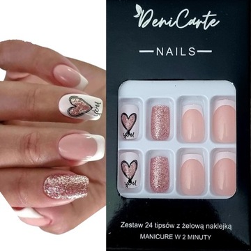 PAZNOKCIE SZTUCZNE TIPSY SHORT SQUARE KLASYCZNY FRENCH SAMOPRZYLEPNE 24SZT