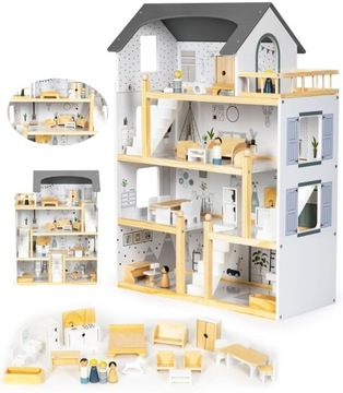 DOMEK DLA LALEK DREWNIANY DUŻY MEBLE LALKI 4 PIĘTRA WILLA REZYDENCJA