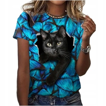 T-SHIRT DAMSKI KOSZULKA WZÓR 3D KOT FULLPRINT