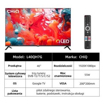 Телевизор QLED CHiQ L40QH7G 40 дюймов FHD HDR10 Google TV DVB-T2