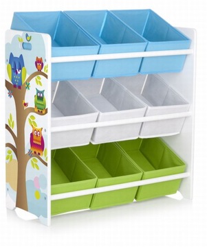 Regał Junior, 3 półki, 9 x kolorowy Box, Sowy