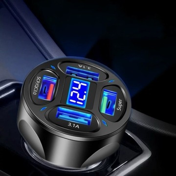 SZYBKA ŁADOWARKA SAMOCHODOWA 66W 3XQC MOCNA 4XUSB 7A SZYBKI KABEL 3W1