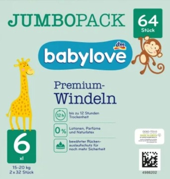 BABYLOVE PIELUSZKI XXL NR 6 PIELUCHY 64 szt 15-20 kg jumbopack