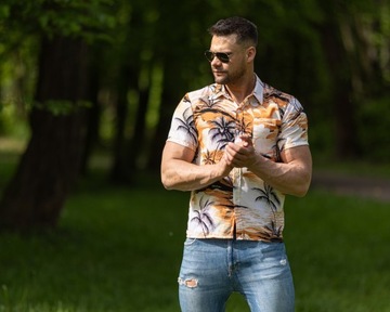 МУЖСКАЯ ГАВАЙСКАЯ РУБАШКА С ПАЛЬМОВЫМИ ЦВЕТАМИ BEACH SEA D1 ORANGE - XXXL