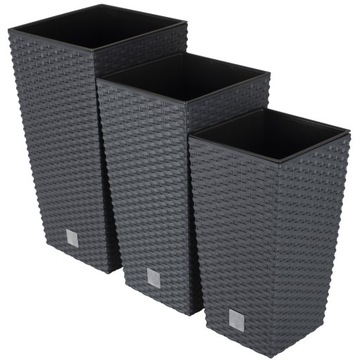 ZESTAW 3x DONICZKA RATTAN DONICA ANTRACYT + WKŁAD
