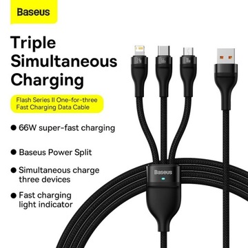 USB-кабель Baseus Flash II 3в1, USB-C + micro USB + Lightning, 66 Вт, 1,2 м (деталь