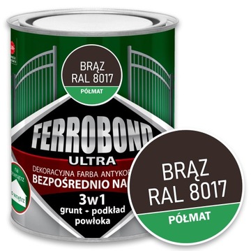 Farba do Metalu Żeliwa na Rdzę BRĄZOWY PÓŁMAT RAL 8017 0,7L Ferrobond Ultra