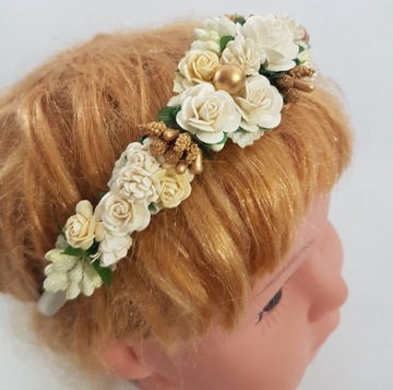 OPASKA KWIATY ECRU+ZŁOTO KOMUNIA RÓŻYCZKI