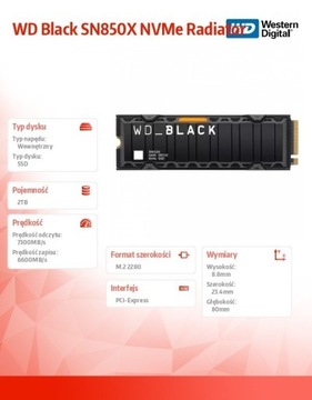 Твердотельный накопитель WD Black емкостью 2 ТБ SN850X NVMe M.2 PCIe-радиатор