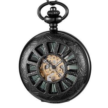Luminous Mechanical Pocket Watch Hollow Black Dial Hand-Winding Men Pendant