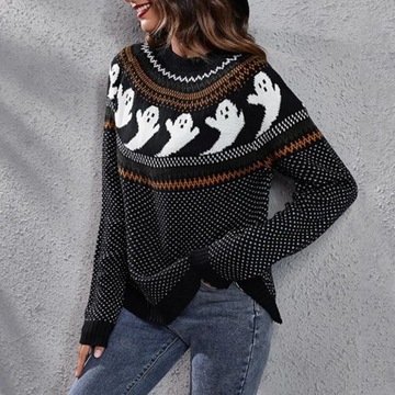 Cartoon Ghost Print Sweater Cozy Halloween Style S