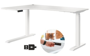 Biurko komputerowe narożne elektryczne białe wbudowane porty USB organizer