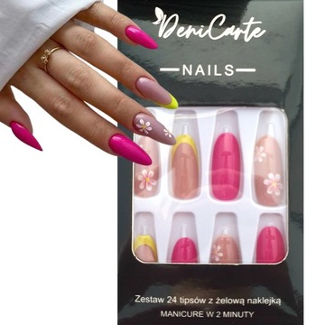 PAZNOKCIE SZTUCZNE TIPSY OWAL KOLOROWY FRENCH NUDE KWIATKI SAMOPRZYLEPNE