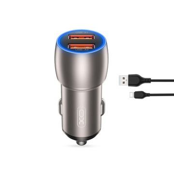 XO ładowarka samochodowa 3 mA CC52 QC 36W 2x USB szara + kabel USB-C
