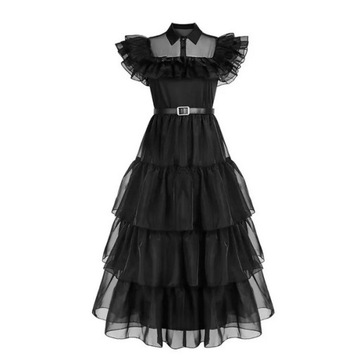 КОСТЮМ СРЕДЫ АДДАМСА + КАРНАВАЛЬНЫЙ ПАРИК ДЛЯ ДЕВОЧКИ 122/128 М