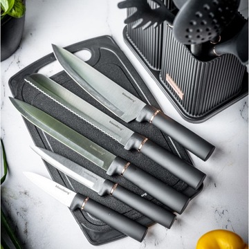 Набор из 5 ножей + набор из 5 кухонной посуды + нарезающая доска + подставка