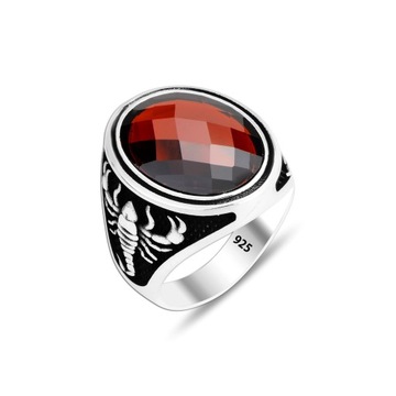 Garnet Stone with Scorpion patterned silver ring, Silver Men Ring