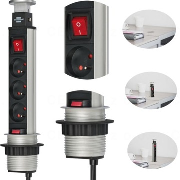 GNIAZDO POTRÓJNE CHOWANE W BLAT 3 GNIAZDKA KABEL 2 M POWER TOWER 1396201003