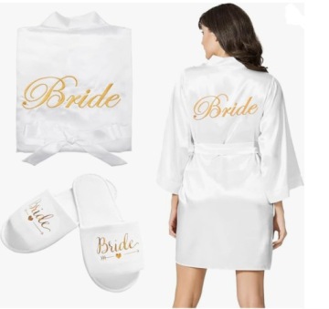 Szlafrok damski panna młoda satynowy kimono + białe kapcie bride XL zestaw