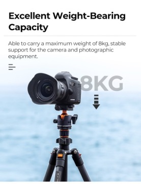 Легкий карбоновый штатив K&F Concept, 162 см, шаровая головка, 36 мм, крючок, уровень.