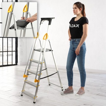 АЛЮМИНИЕВАЯ ЛЕСТНИЦА ДЛЯ ДОМА, 5 СТУПЕНЕЙ, СКЛАДНАЯ С ПОРУЧНЯМИ + КРЮК