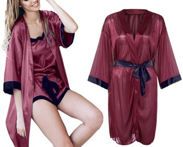 SATYNOWY SZLAFROK DAMSKI KOMPLET PODOMKA + STRINGI