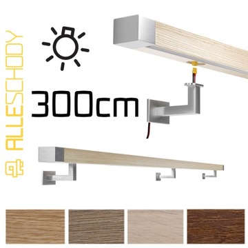 Poręcz ścienna drewniana z oświetleniem LED 300cm