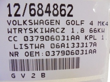 GOLF 4 IV VSTŘIKOVAČE 037906031AA KPL 1,6