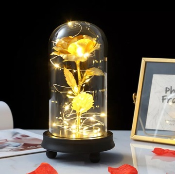КРАСИВАЯ ЗОЛОТАЯ ИСКУССТВЕННАЯ ВЕЧНАЯ РОЗА В ДИОДНОМ СТЕКЛЕ ПАСХАЛЬНЫЙ ПОДАРОК