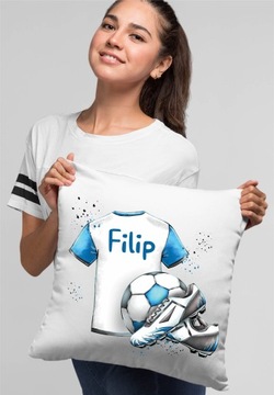 ПОДУШКА + КРУЖКА ФУТБОЛИСТА ФУТБОЛЬНЫЙ мотив: синяя футболка + ваше имя.